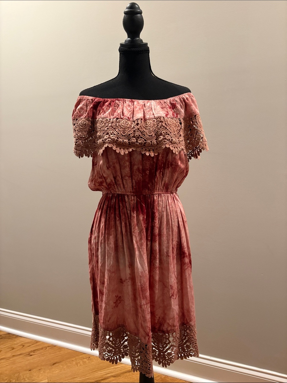 Off-Shoulder Lace Trim Rose Pink Dress
